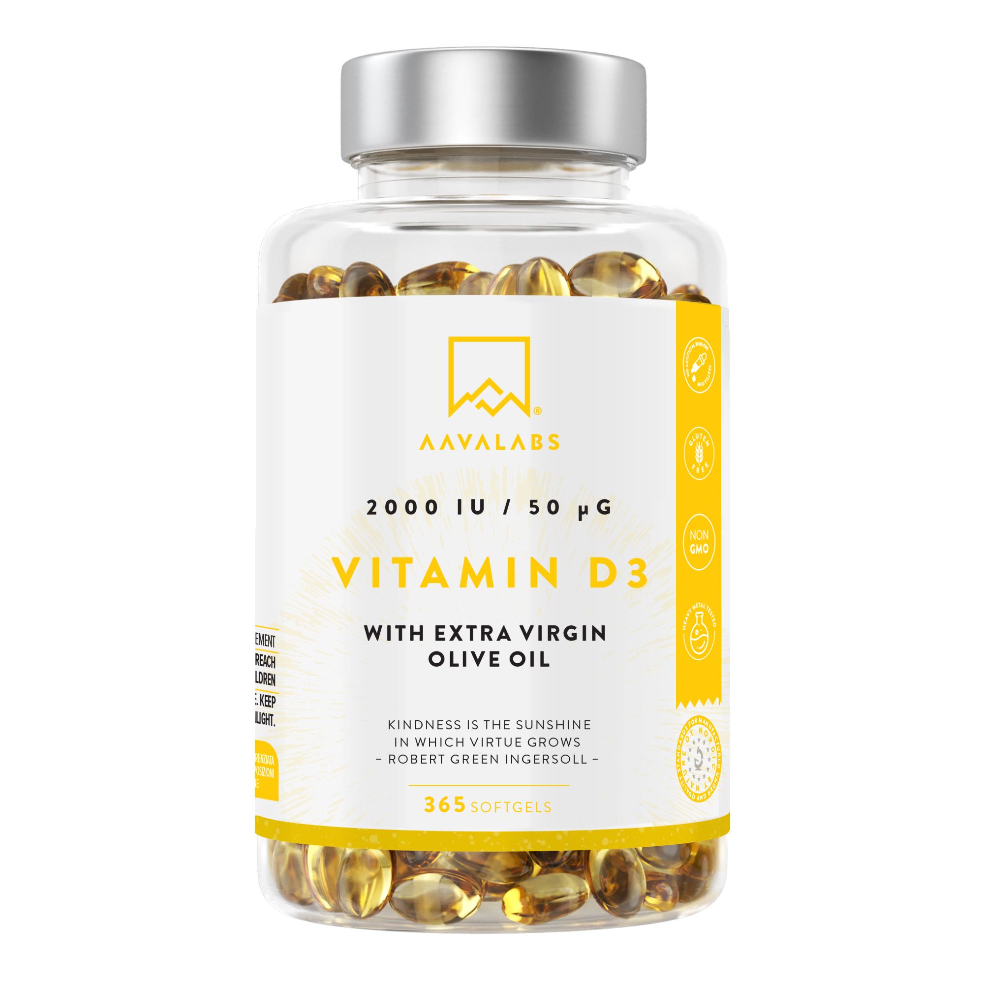 Aavalabs Vitamina D3 - 2000UI – Alta dose con olio d'oliva extravergine