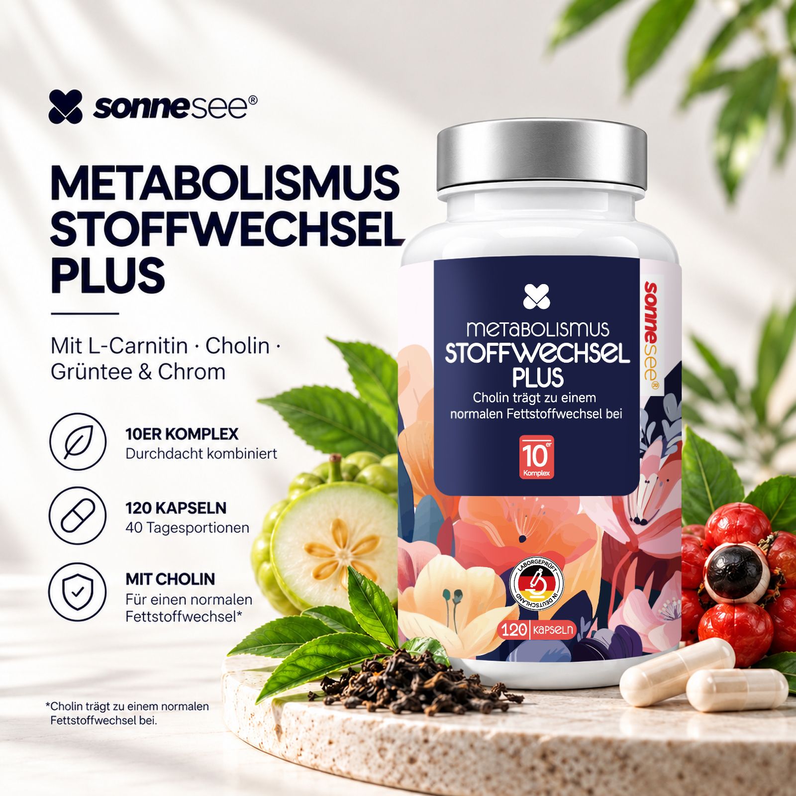 SonneSee Stoffwechsel Komplex: flacone, ingredienti come L-Carnitina, Colina, estratti di tè verde e frutti.
