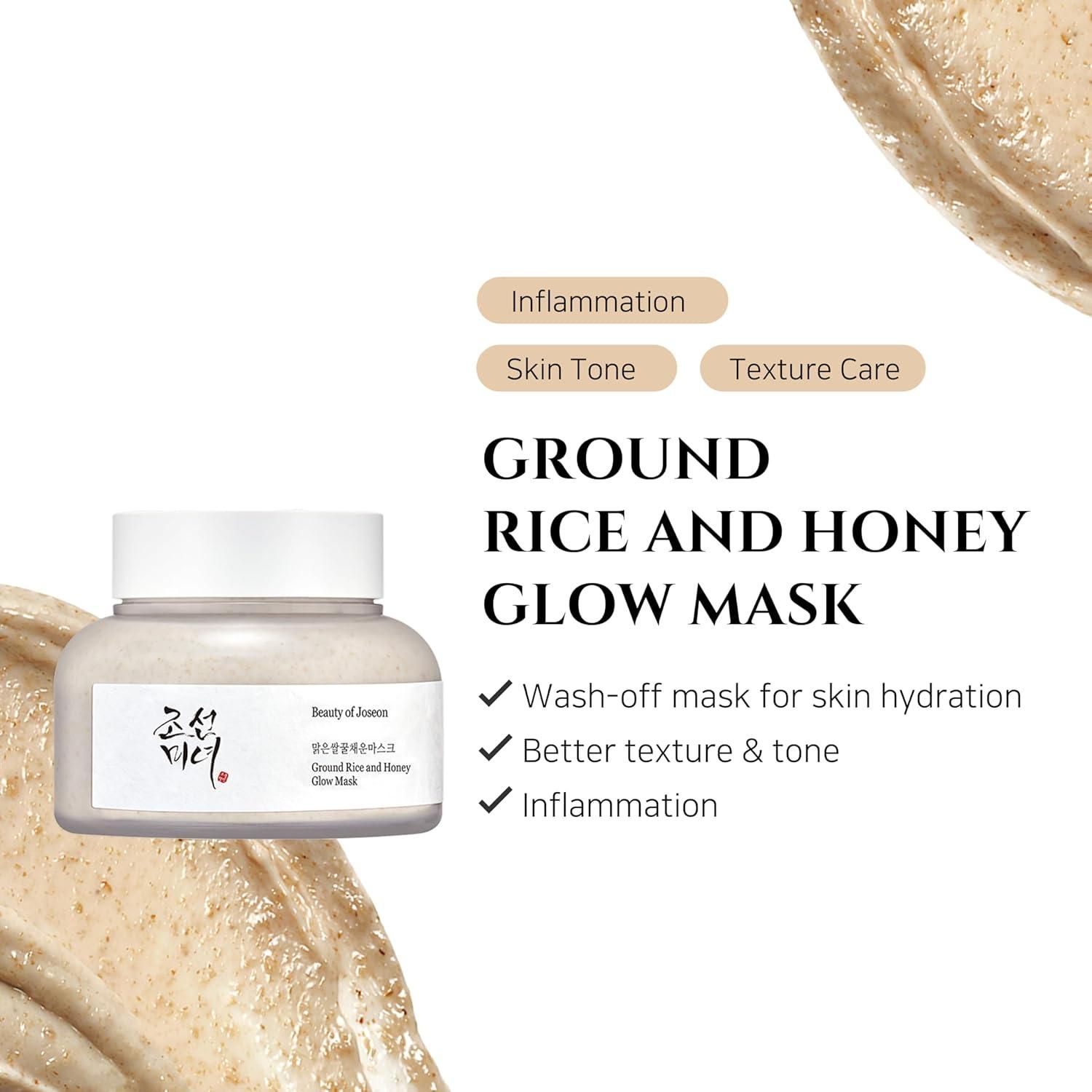 Prodotto con testo e illustrazioni. Prodotto: Ground Rice and Honey Glow Mask. Benefici: idratazione, texture, tono.