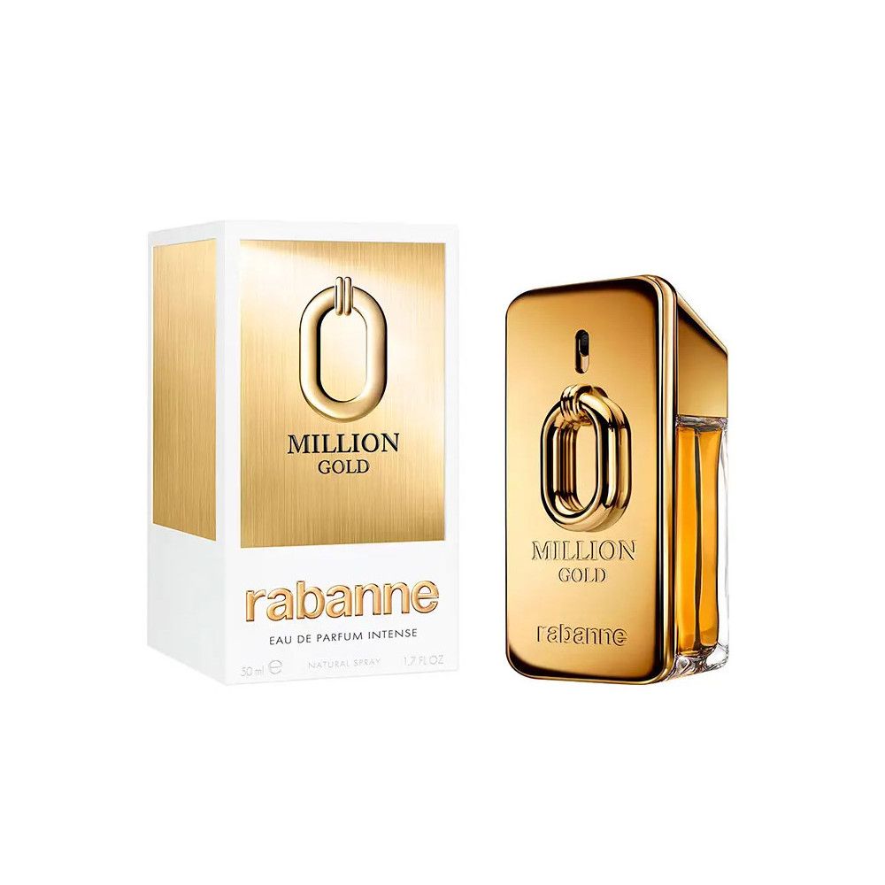 Flacone e scatola dorati. Scritta: Million Gold, Rabanne. Eau de Parfum Intense Spray.