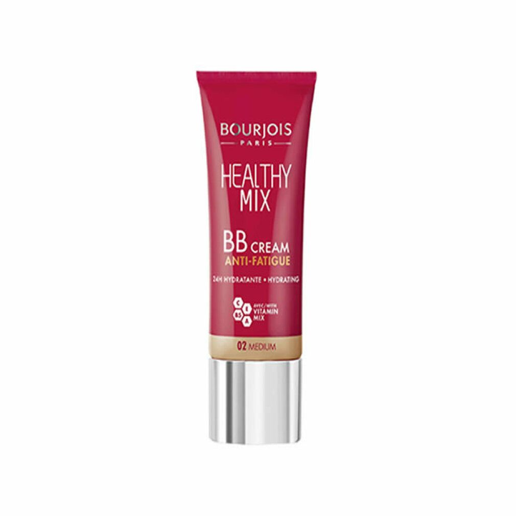 Tubo rosso Bourjois Healthy Mix BB Cream 02 Medium. Testo: Healthy Mix, BB Cream Anti-Fatigue, 24H Hydratante + Hydrating.