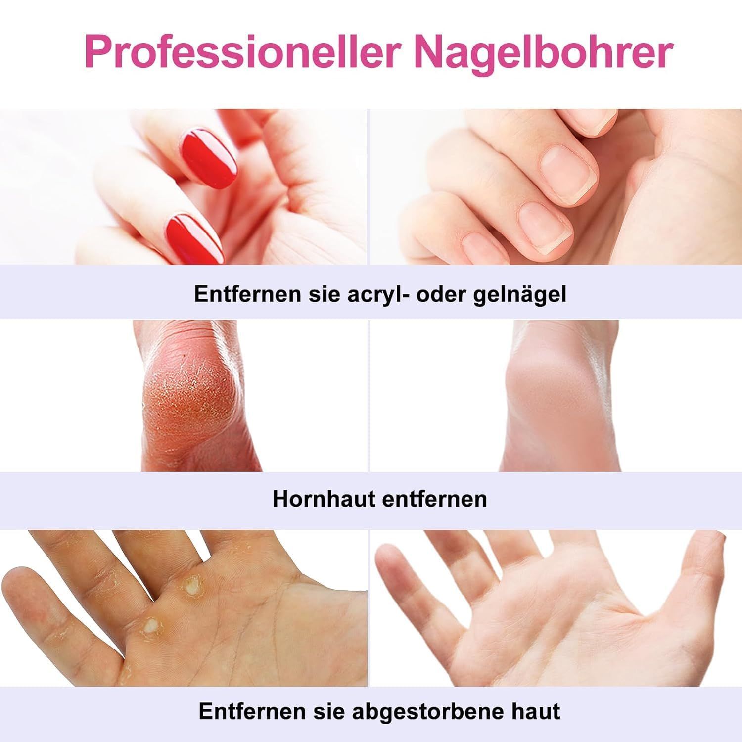 Esempi di utilizzo del dispositivo per manicure: rimozione di unghie in acrilico o gel, calli e pelle morta.