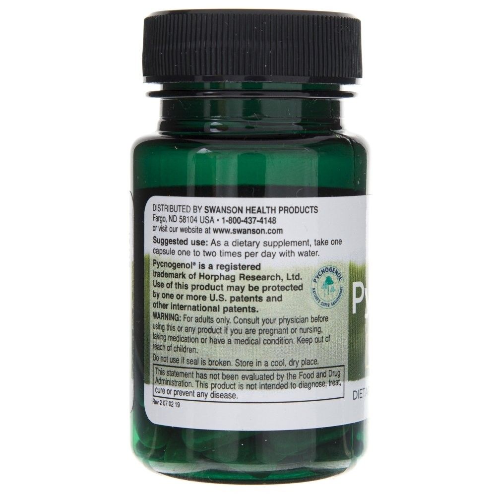 Lato di un barattolo verde di Swanson Pycnogenol, avvertenze e istruzioni per l'uso.