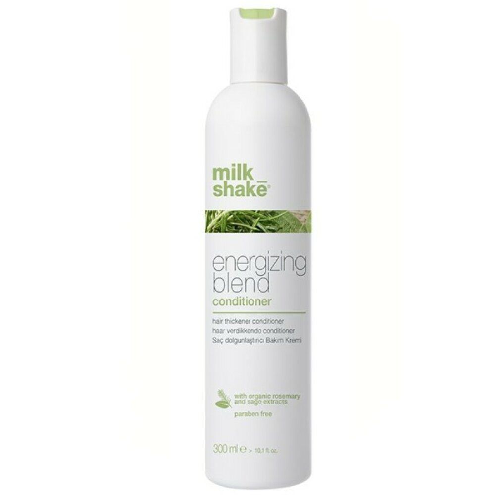 Flacone bianco Milk_shake Energizing Blend Conditioner. Tappo verde ed etichetta con informazioni sul prodotto. 300 ml.