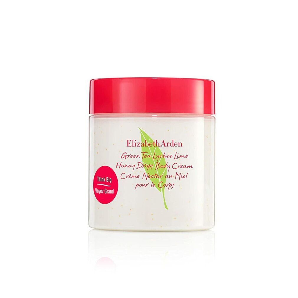 Crema corpo Elizabeth Arden in un barattolo trasparente con coperchio rosso. Fragranza: Green Tea Lychee Lime.