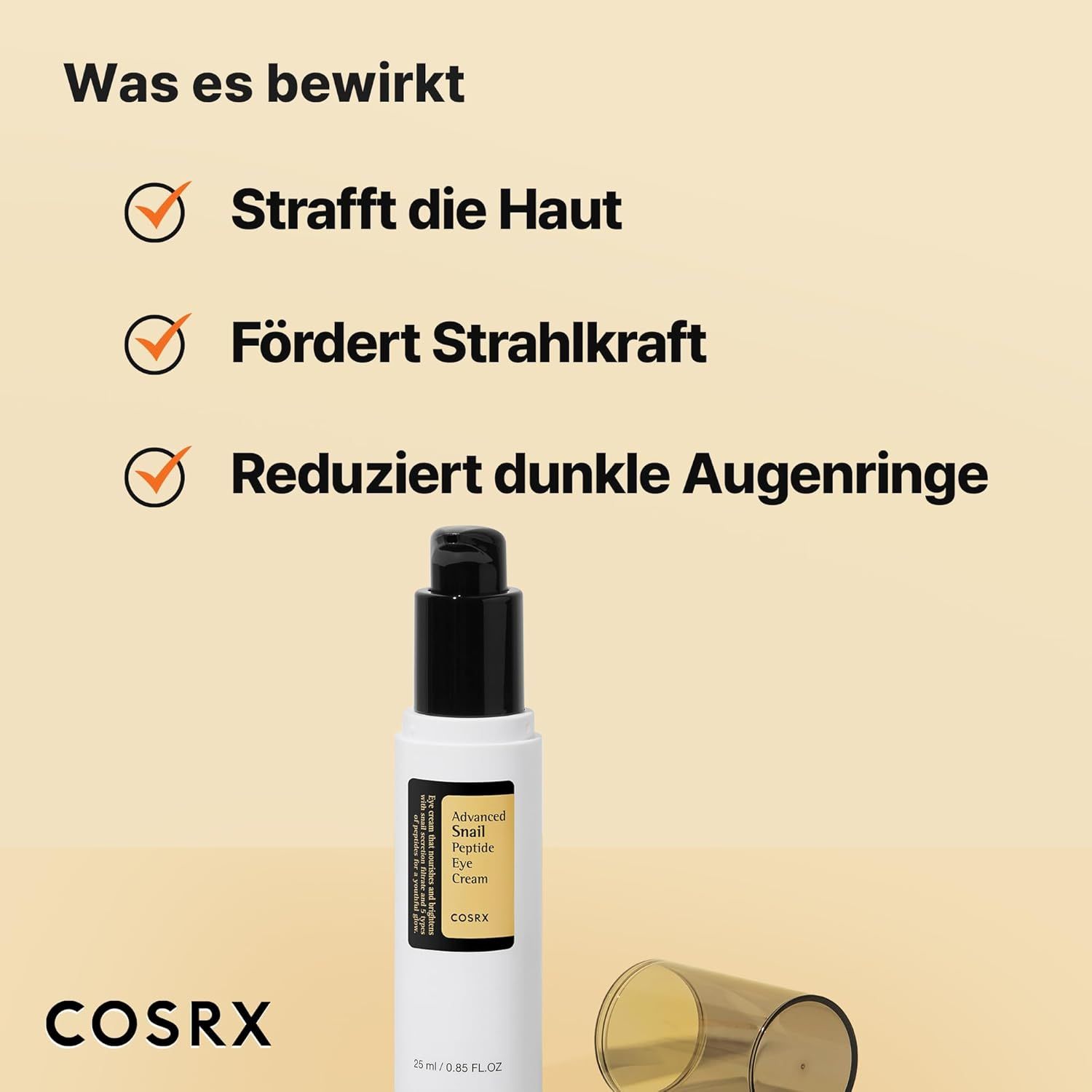 Flacone spray COSRX Advanced Snail Peptide Eye Cream con pompa nera e tappo trasparente.