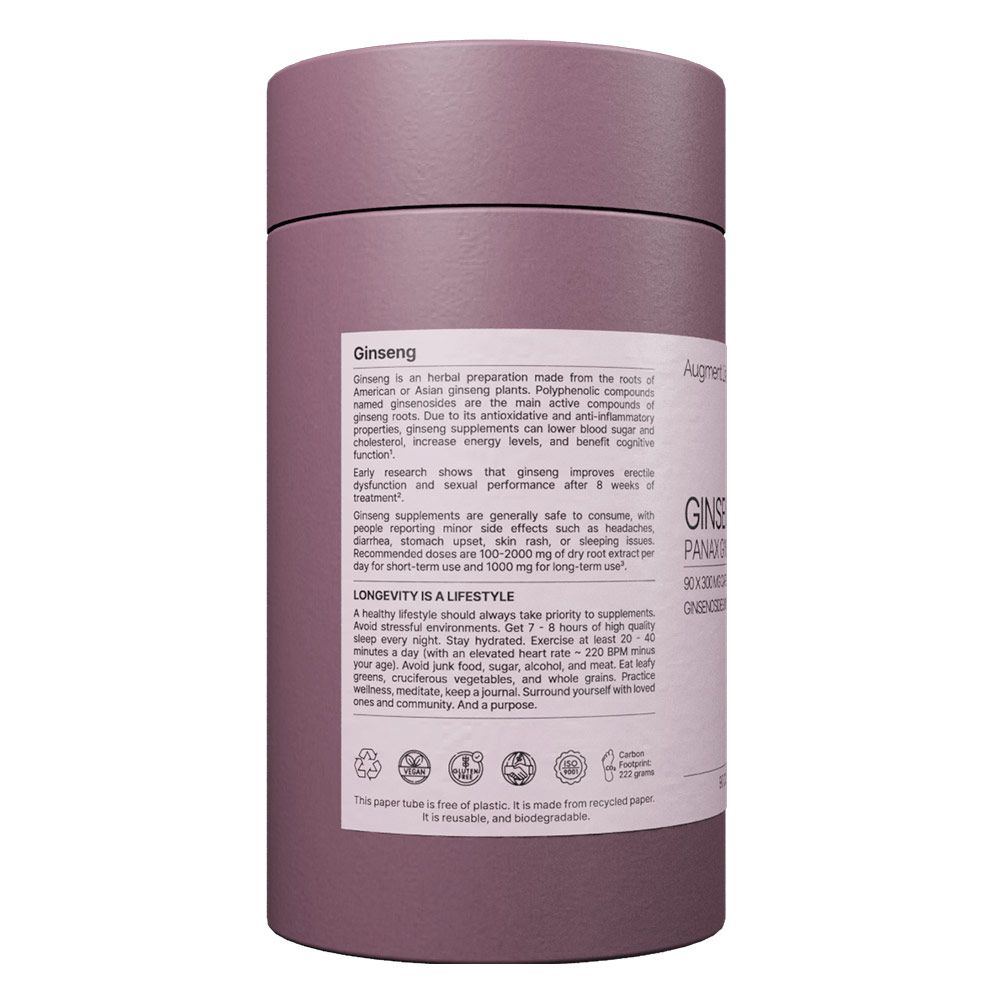 Contenitore cilindrico con etichetta che descrive un integratore di ginseng.