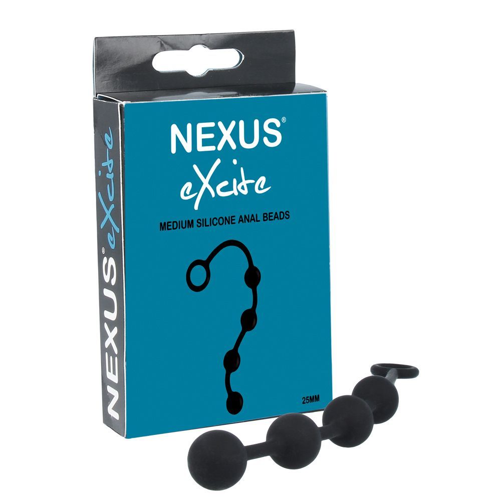 Confezione prodotto con immagine. Scritta: NEXUS eXcite, Medium Silicone Anal Beads. Prodotto nero a quattro sfere.