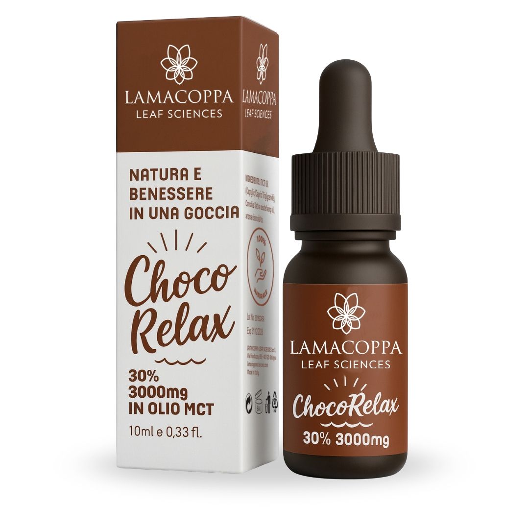Flacone contagocce e scatola Lamacoppa Choco Relax con contagocce. Flacone in vetro marrone scuro con etichetta marrone, 30% 3000mg.