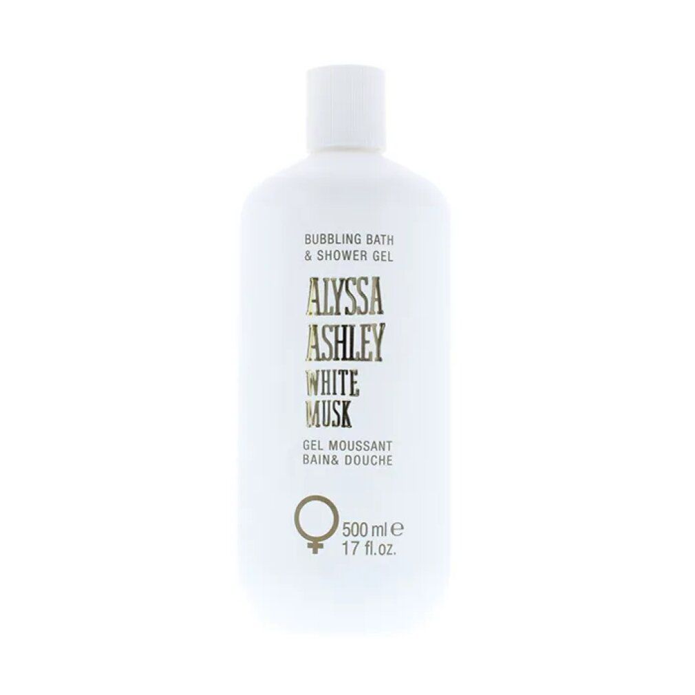 Bagnoschiuma bianco con scritta dorata. Scritta: Alyssa Ashley White Musk. Flacone con tappo a ribalta.