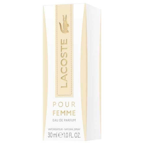 Confezione di profumo. Sulla confezione è scritto "Lacoste Pour Femme Eau de Parfum".