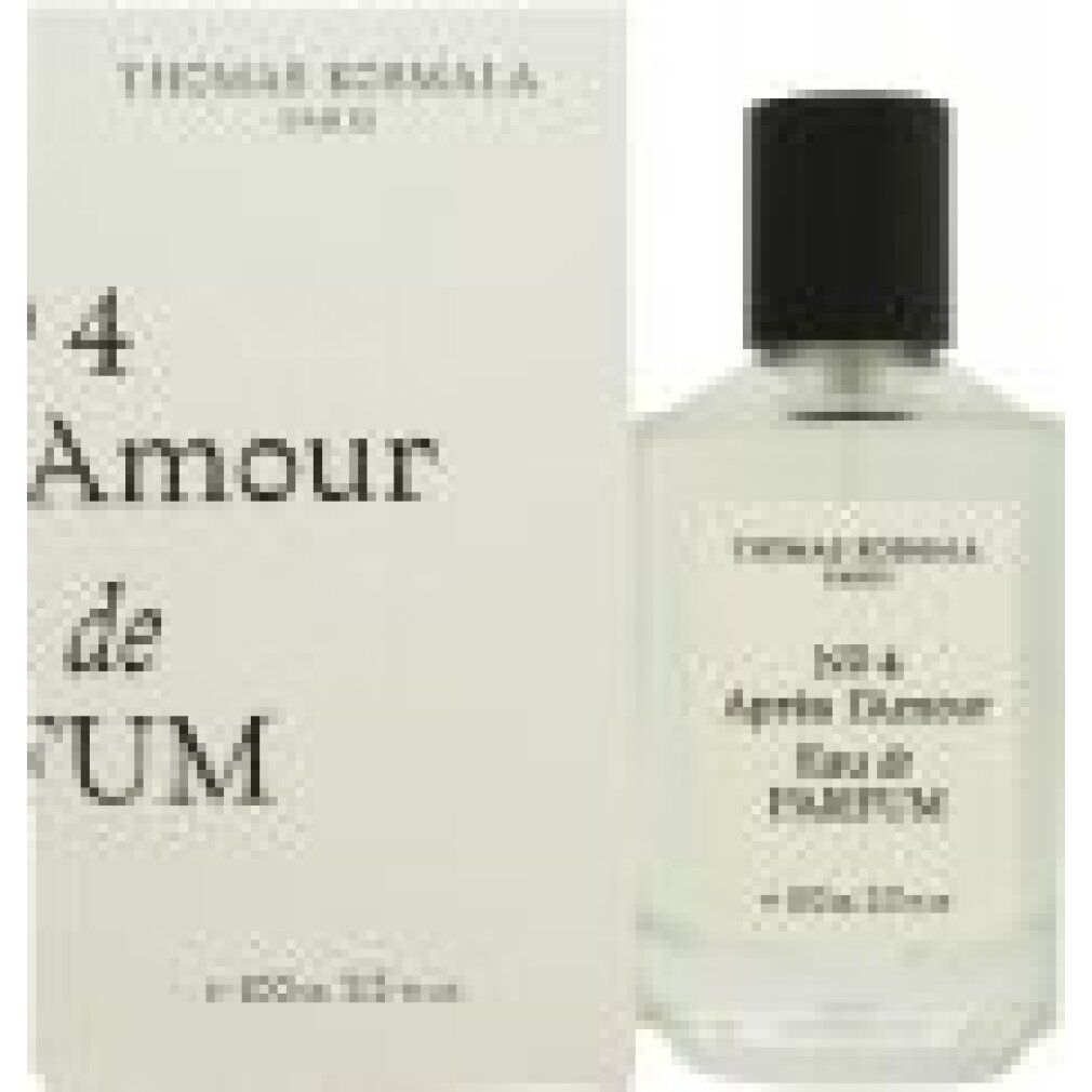Flacone di profumo e scatola. Flacone con tappo nero, etichetta bianca. Scatola con testo: Thomas Kosmala, Nr. 4, Après l'Amour, Eau de Parfum.