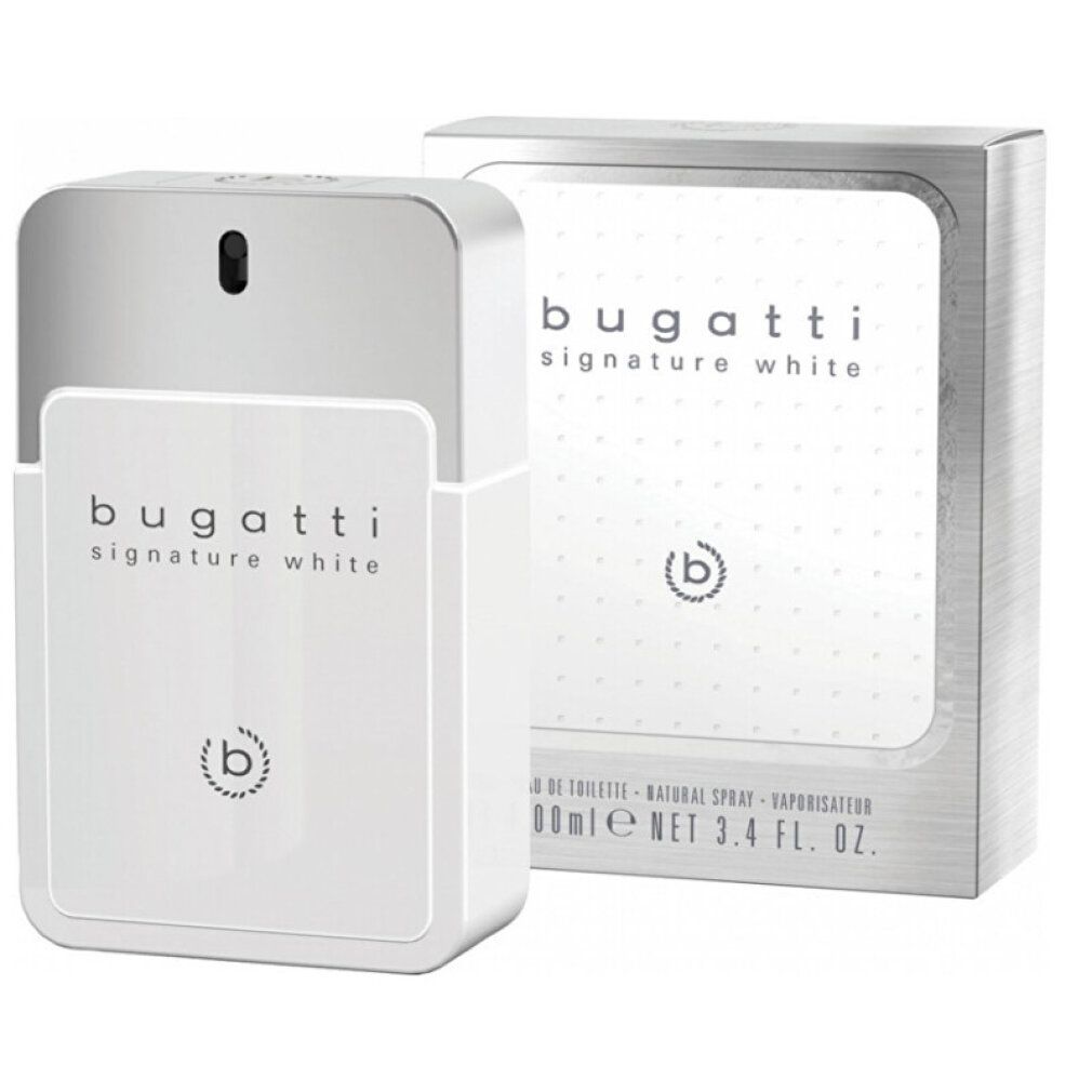 Eau de toilette bianco con tappo argentato e confezione. Scritta: Bugatti Signature White. Logo 'b'.