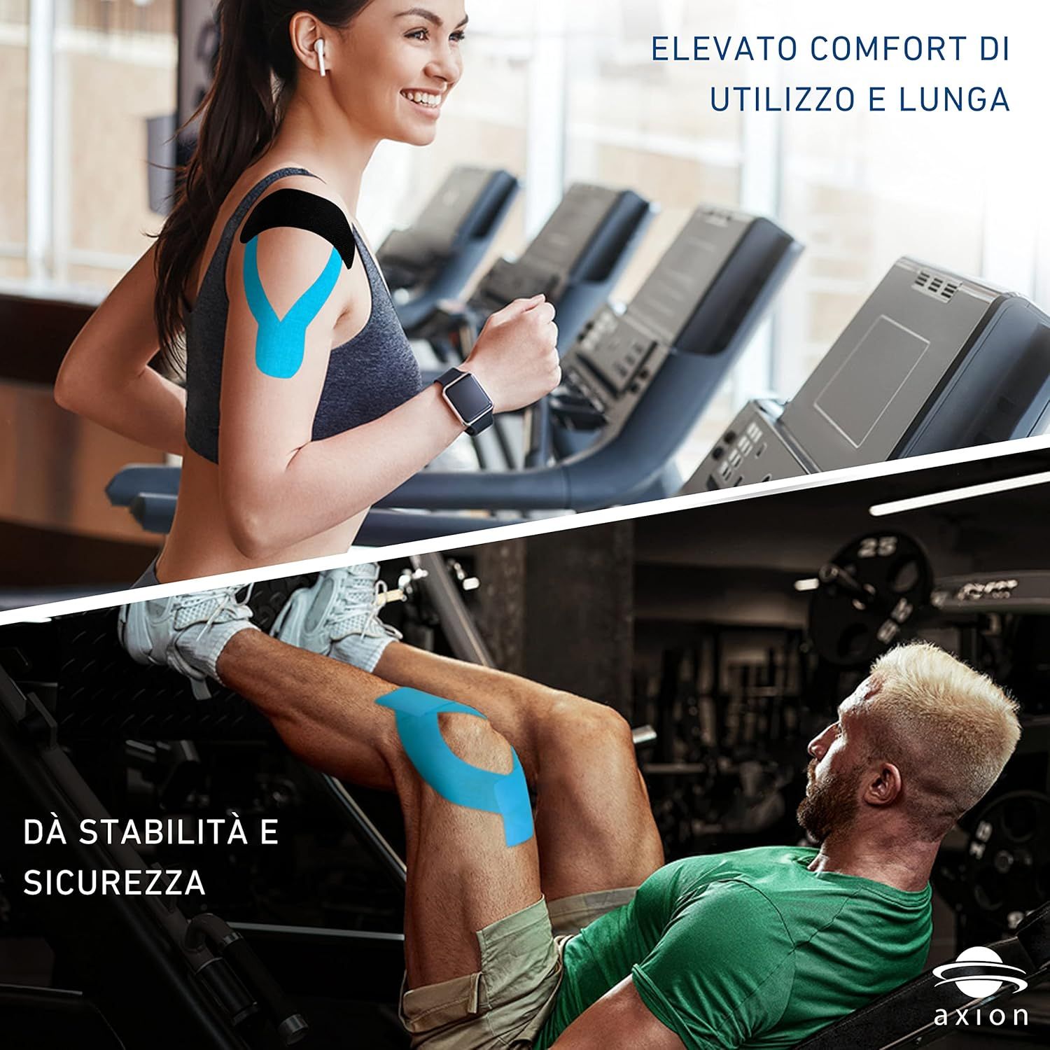 Donna e uomo si allenano in palestra con kinesio tape. Tape blu su spalla e ginocchio.