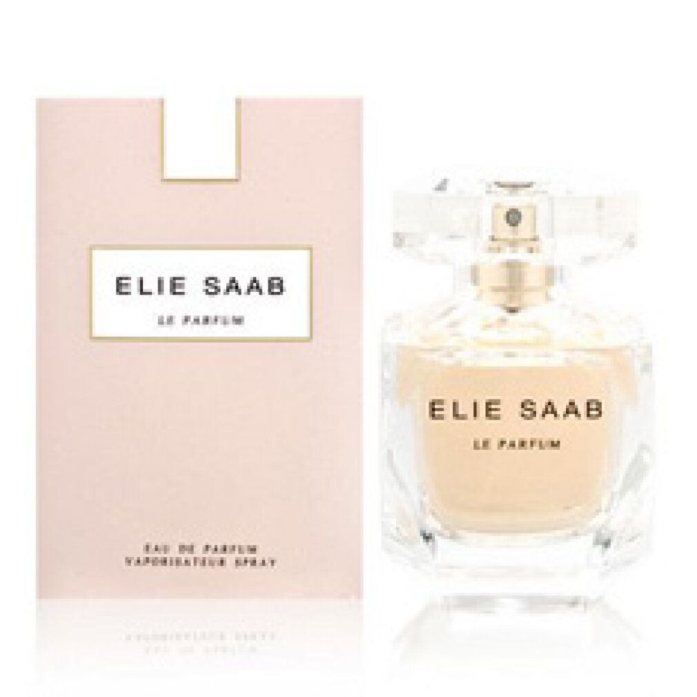 Flacone di profumo e confezione. Scritta: ELIE SAAB LE PARFUM. Flacone con tappo sfaccettato. Confezione rettangolare con etichetta bianca.