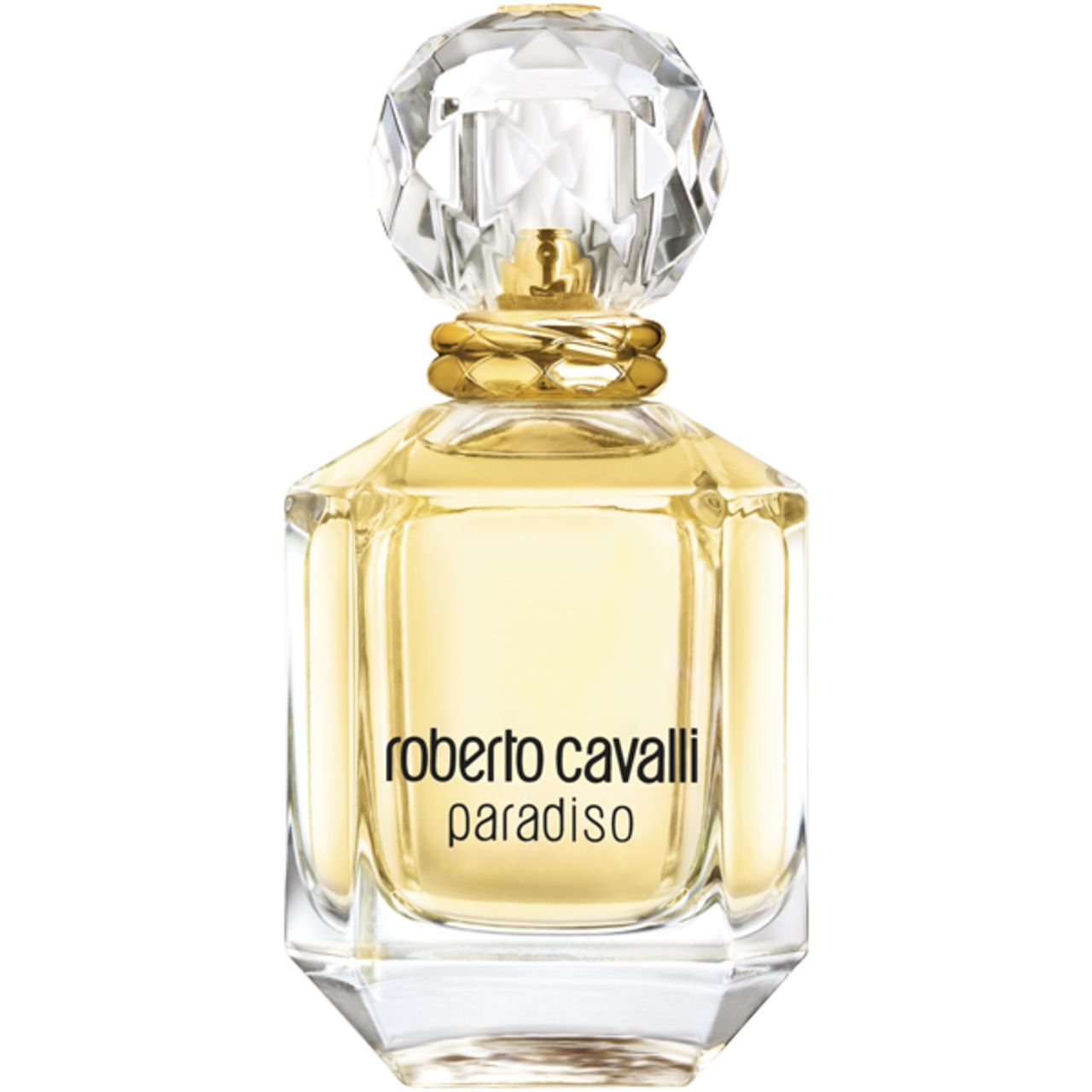 Roberto Cavalli Paradiso E.d.P. Nat. Spray. Flacone in vetro angolare con tappo dorato.