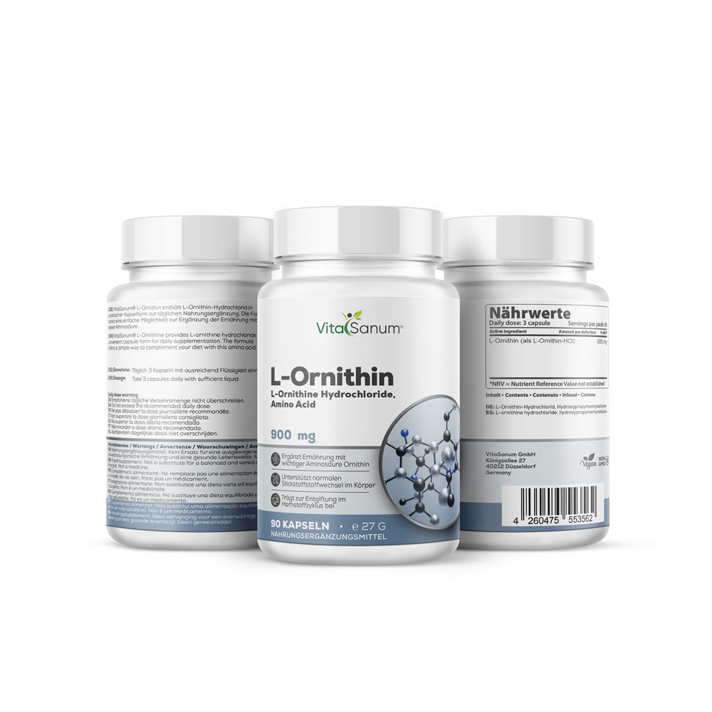 Tre flaconi bianchi con etichette. Scritta: VitaSanum, L-Ornitina, 900 mg. 90 capsule. Integratore alimentare.