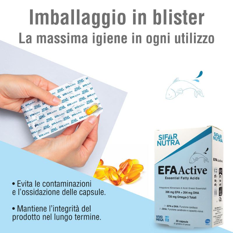 Mani che tengono un blister di capsule. Confezione del prodotto EFA Active. Testo: Massima igiene ad ogni utilizzo. 30 capsule.