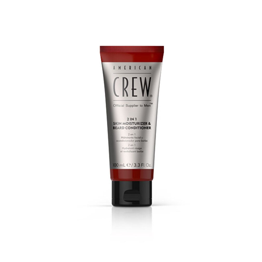 Tubo argento, marrone e nero. Scritta: AMERICAN CREW, 2-in-1 Skin Moisturizer & Beard Conditioner. 100 ml.