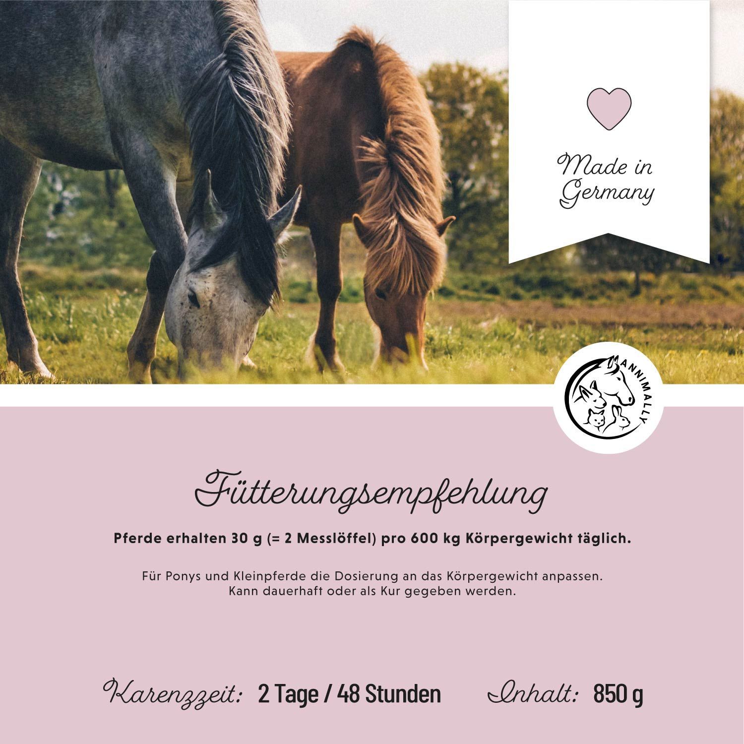 Due cavalli in un prato. Testo: Raccomandazioni per l'alimentazione. Logo: cavallo e puledro. Testo: Prodotto in Germania. Contenuto: 850 g.