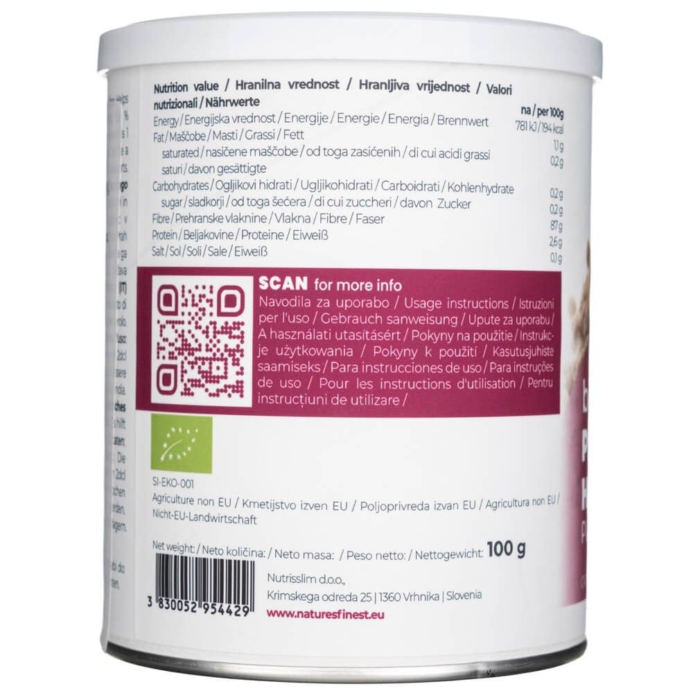 Nature's Finest Flohsamenschalen Pulver Bio: Retro della lattina con informazioni nutrizionali e codice a barre, 100g.