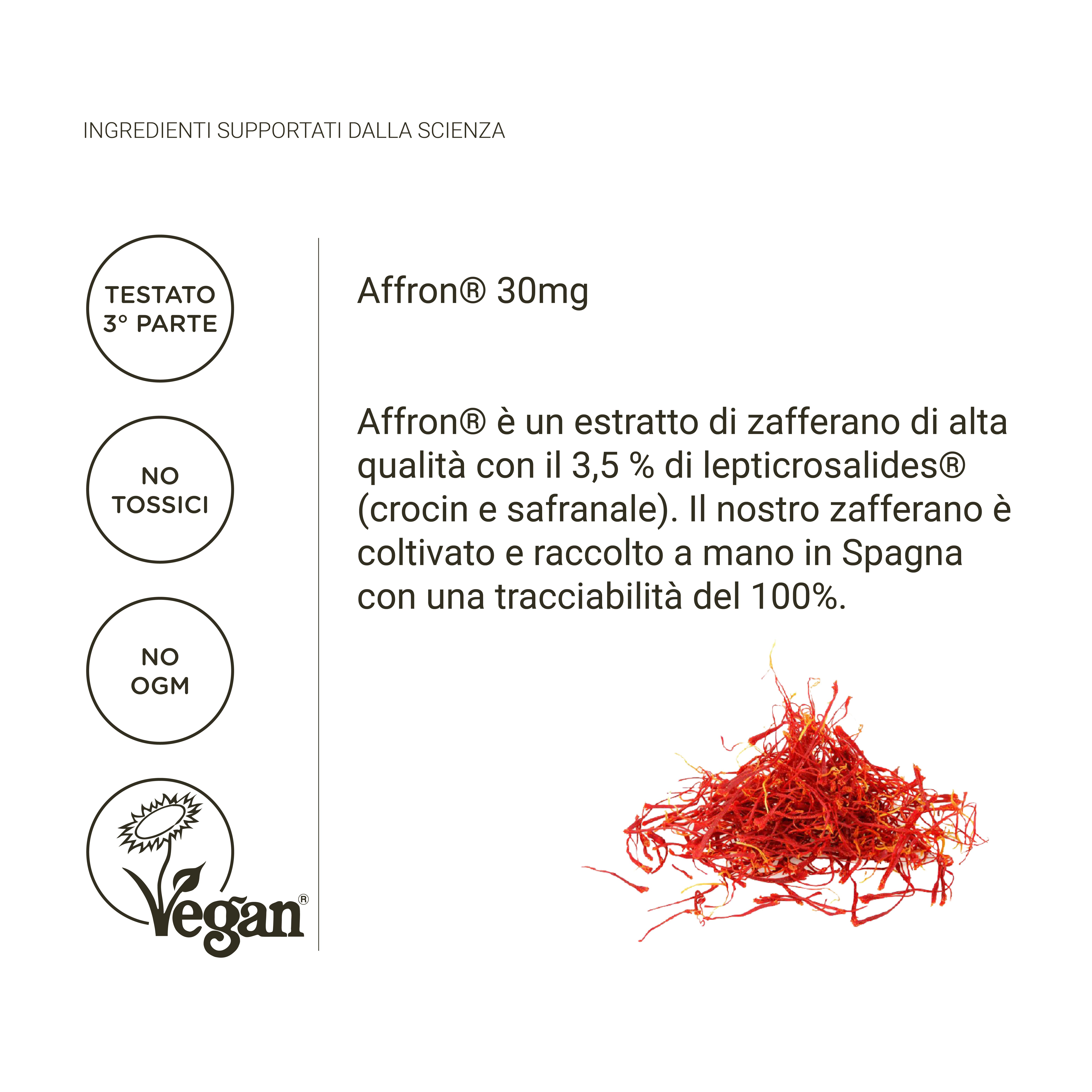 Mucchio di fili di zafferano. Testo: Affron 30mg. Sigillo vegano. Testo: Affron è un estratto di zafferano di alta qualità.