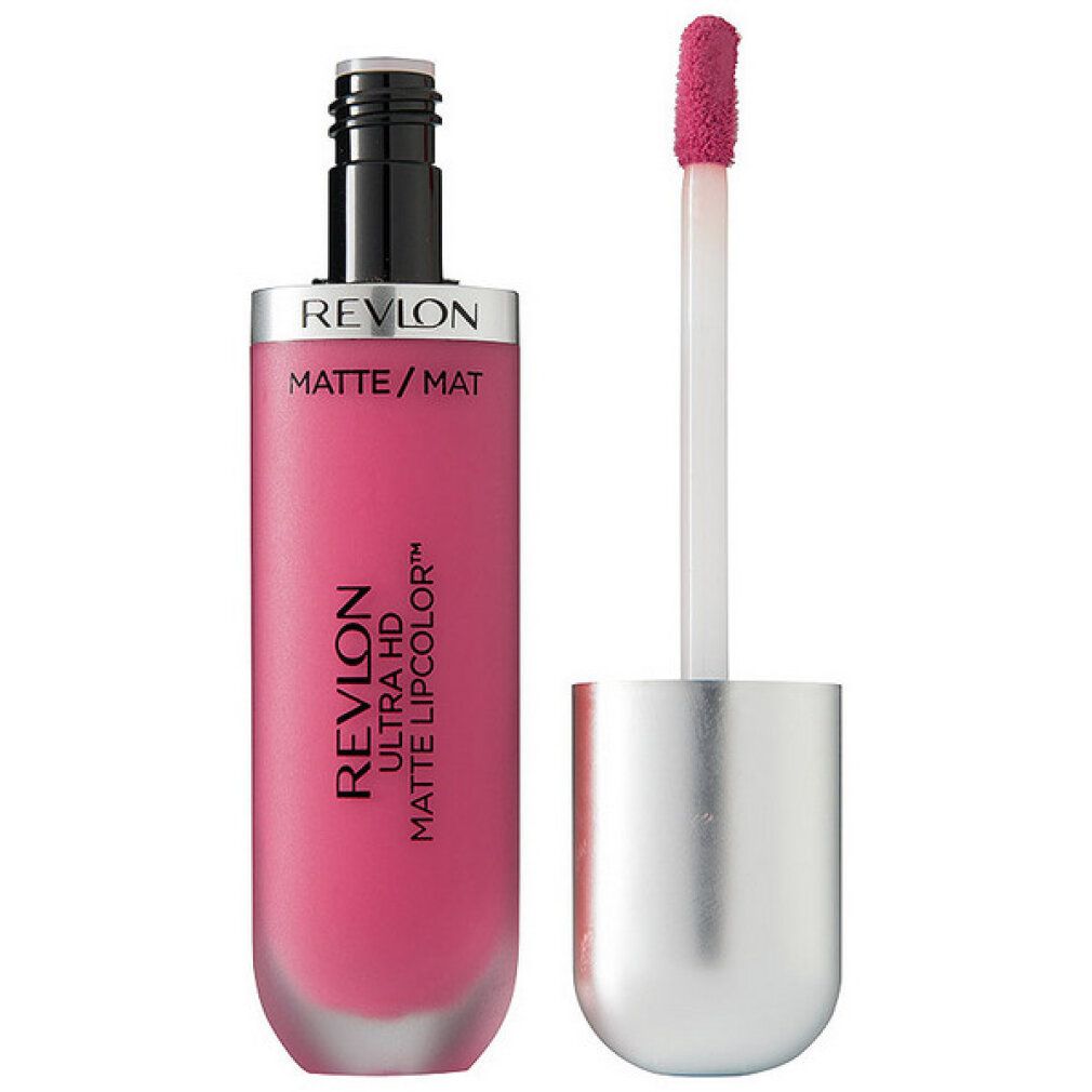 Revlon Ultra HD Matte Lipcolor. Flacone con applicatore. Colore rosa. Tappo argentato, collo nero. Nome del prodotto e marchio visibili.