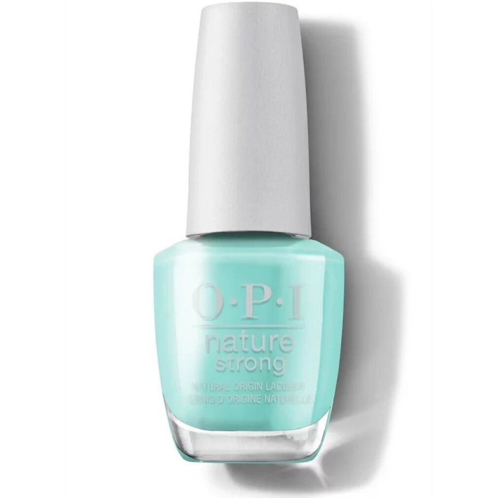 Flacone di smalto turchese con tappo bianco. Scritta: OPI nature strong. 15 ml/0,5 fl oz.
