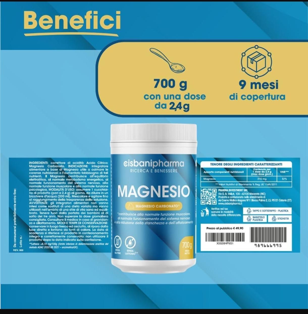 Cisbani Pharma Magnesio carbonato puro - riduce stanchezza e affaticamento