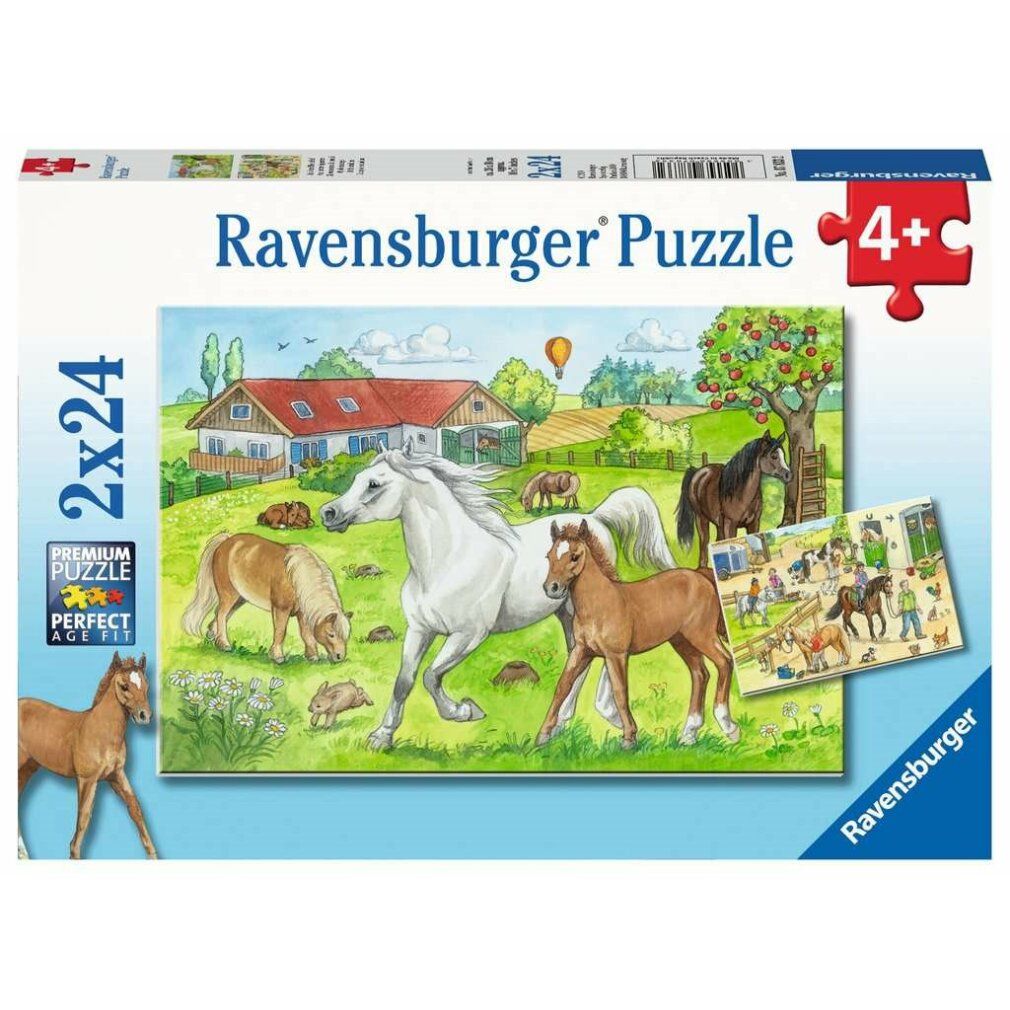 Scatola puzzle con motivo cavalli. Scritta: Ravensburger Puzzle, 2x24 pezzi, 4+. Immagine: cavalli in un prato con una casa sullo sfondo.