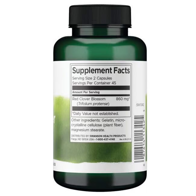 Retro del flacone verde. Scritta: Supplement Facts, Red Clover Blossom, 860 mg, ingredienti, 45 porzioni.