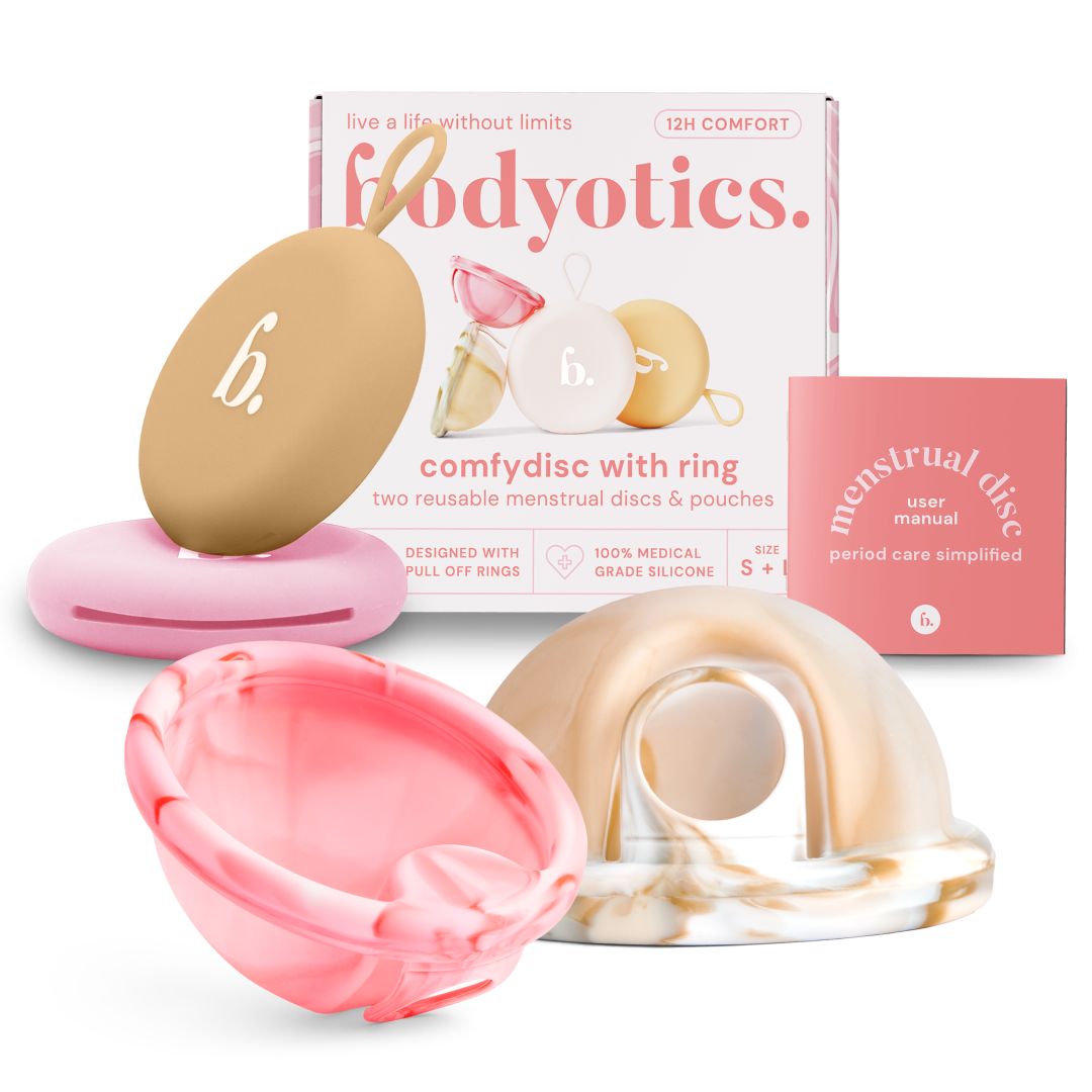 Set Bodyotics Comfydisc con due dischi mestruali riutilizzabili e sacchetti in silicone medicale.