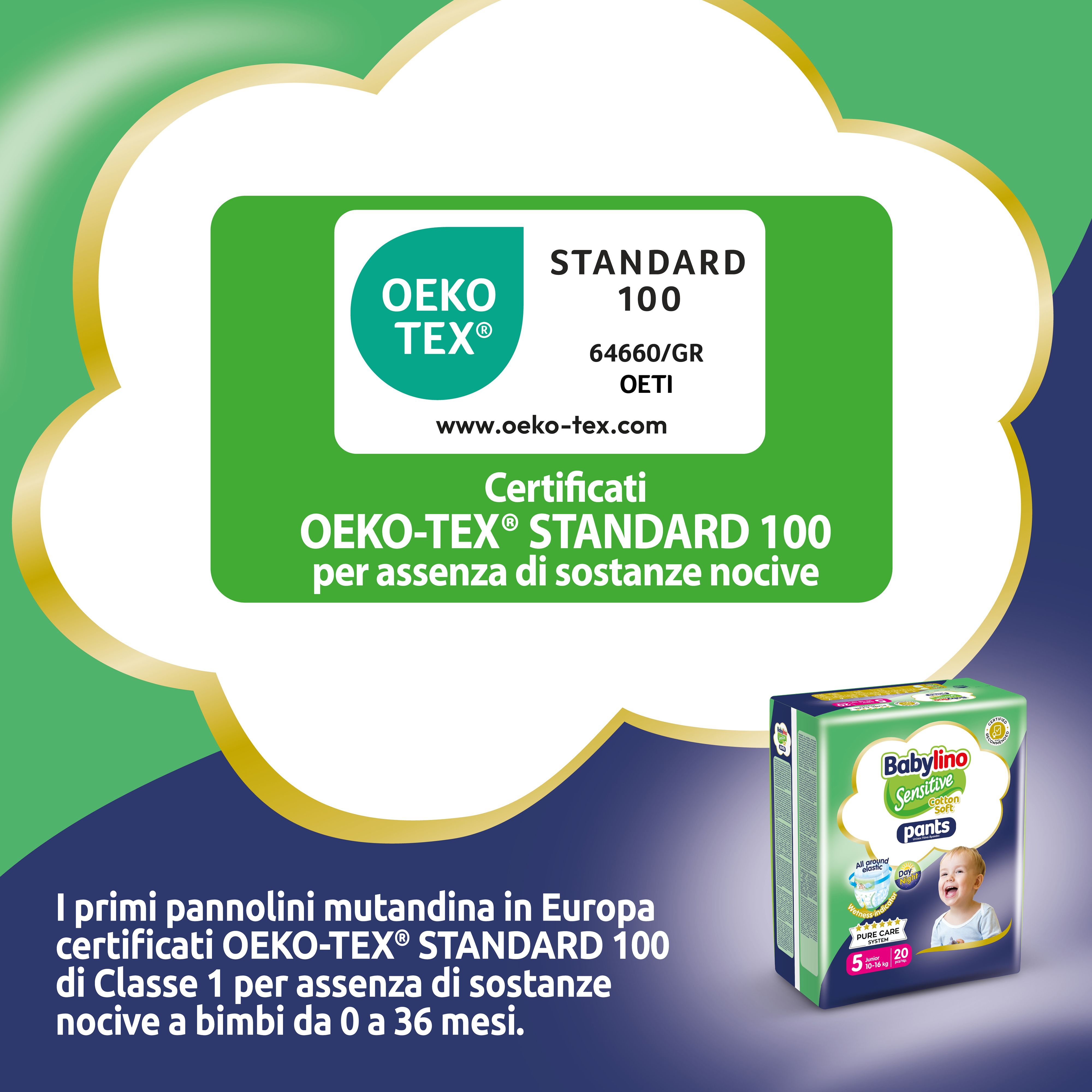 Babylino Sensitive Pants con certificazione Oeko-Tex Standard 100. Immagine del prodotto. Cornice dorata.