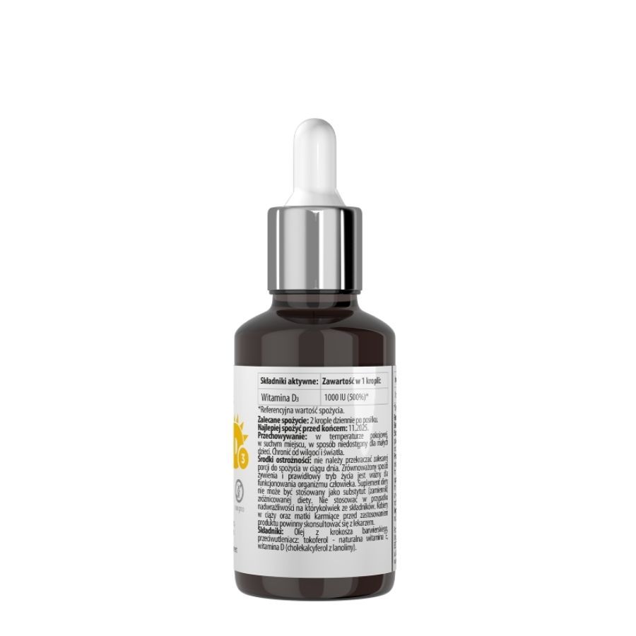 Flacone di vetro marrone con contagocce. Scritta: Best Vitamin D3. Retro con informazioni sugli ingredienti e nutrizionali.