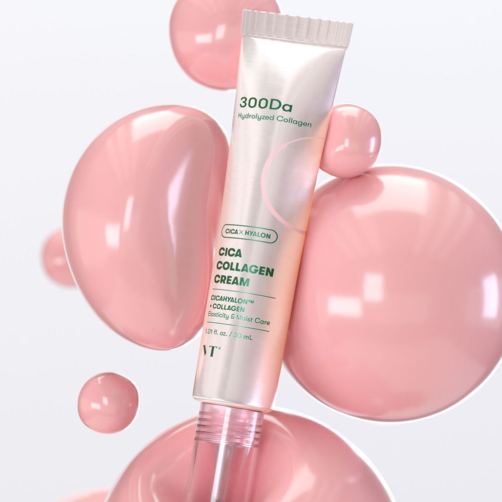 Tubo di crema Cica Kollagen. Tubo rosa con testo bianco. 300Da, Cica Hyalon, collagene, logo VT.