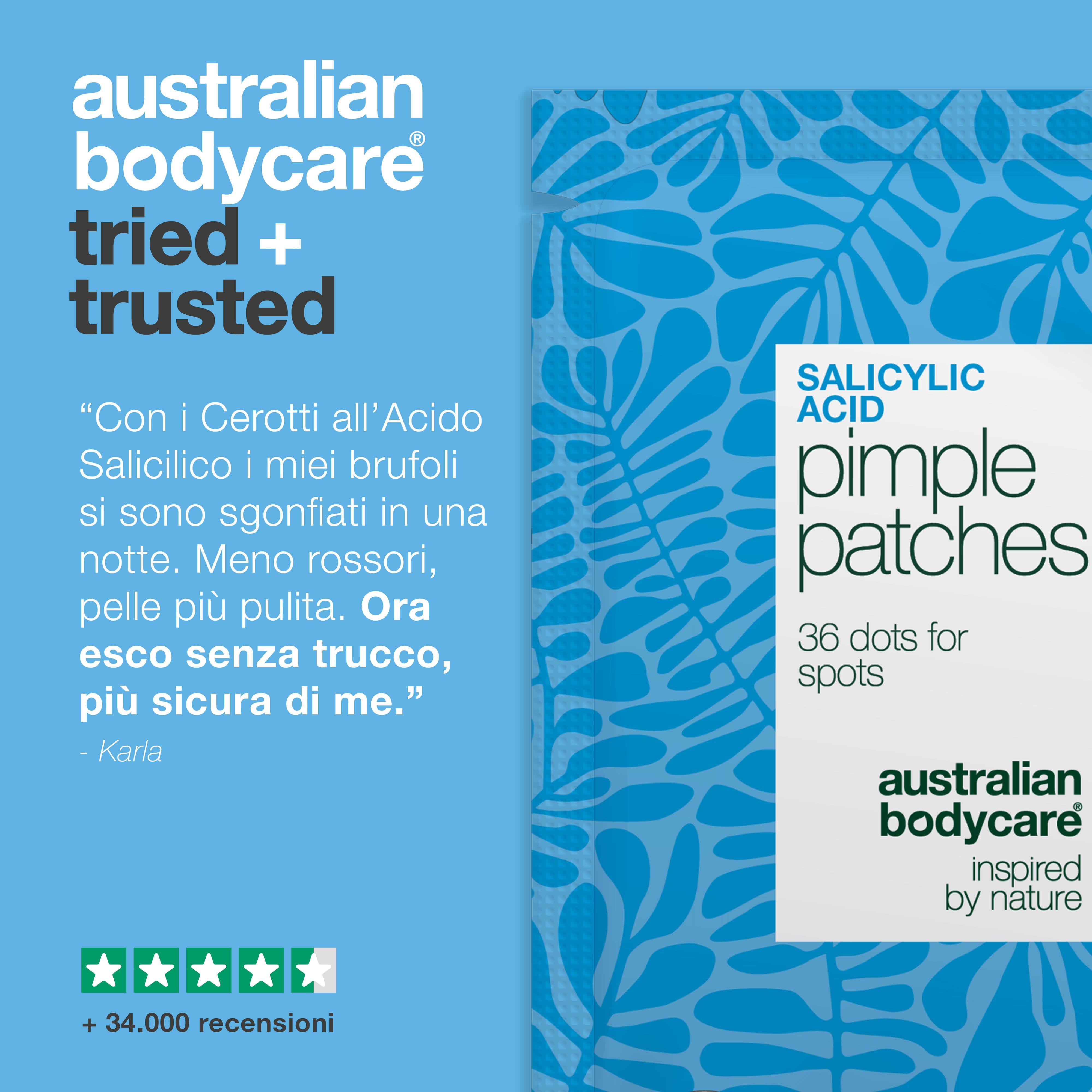 Australian Bodycare cerotti per brufoli all'acido salicilico. Testo e illustrazioni. 36 punti.