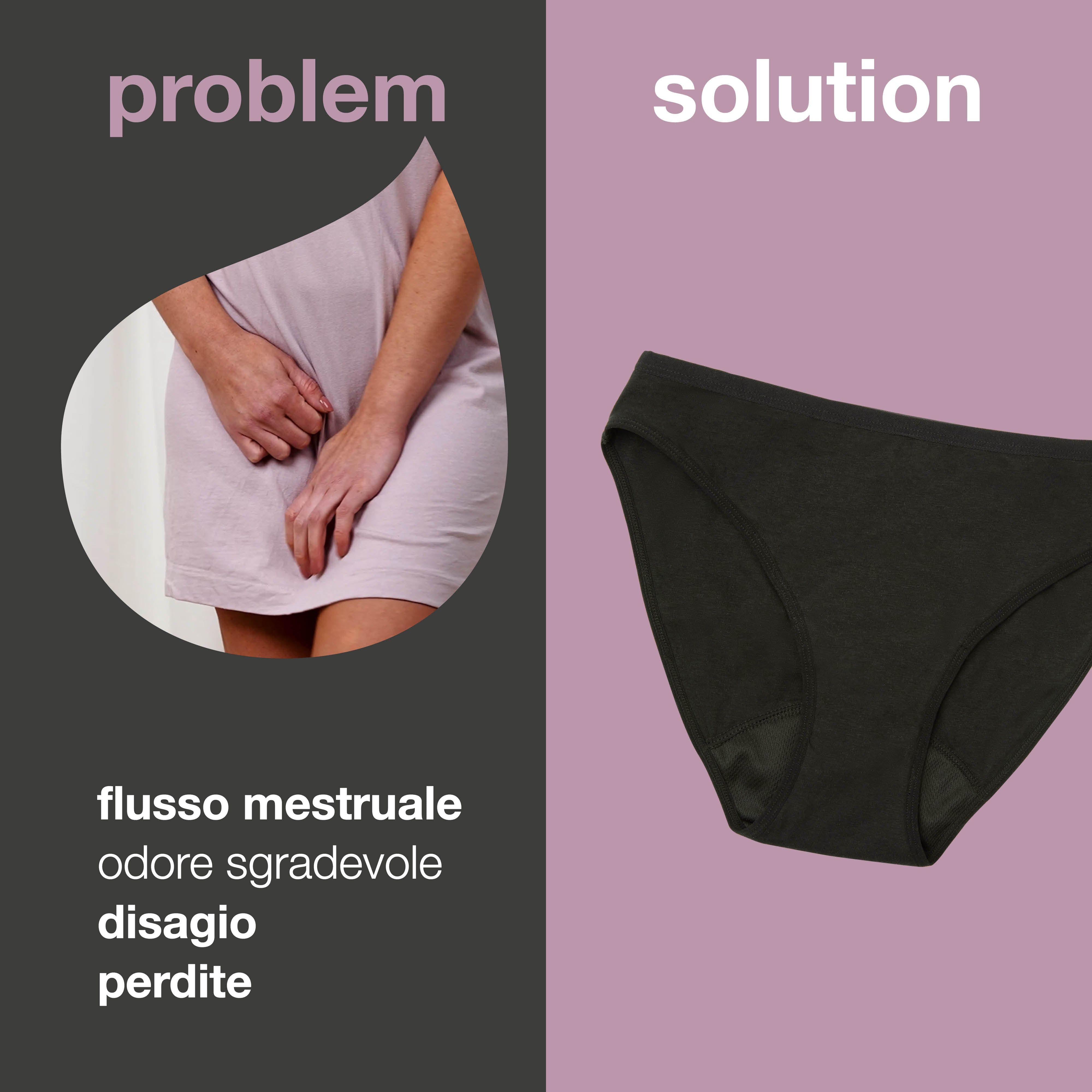 Mutandine mestruali nere. A sinistra: problema, a destra: soluzione. Testo: flusso mestruale, odore, disagio.