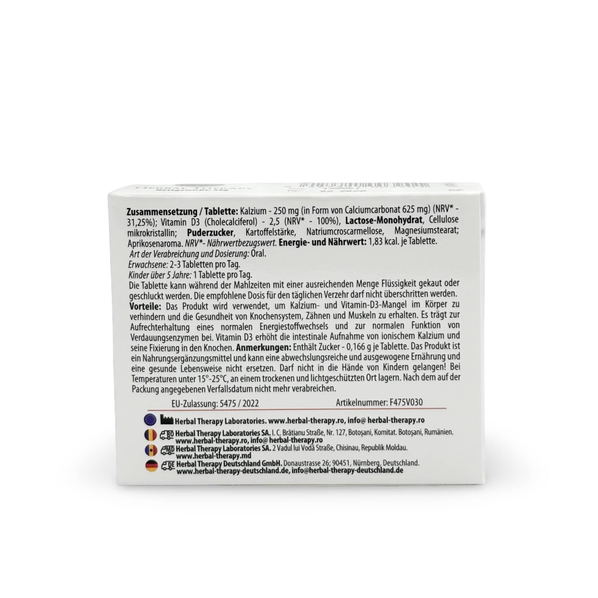 Retro della confezione del prodotto. Contiene informazioni su ingredienti, dosaggio e produttore. Approvazione UE.
