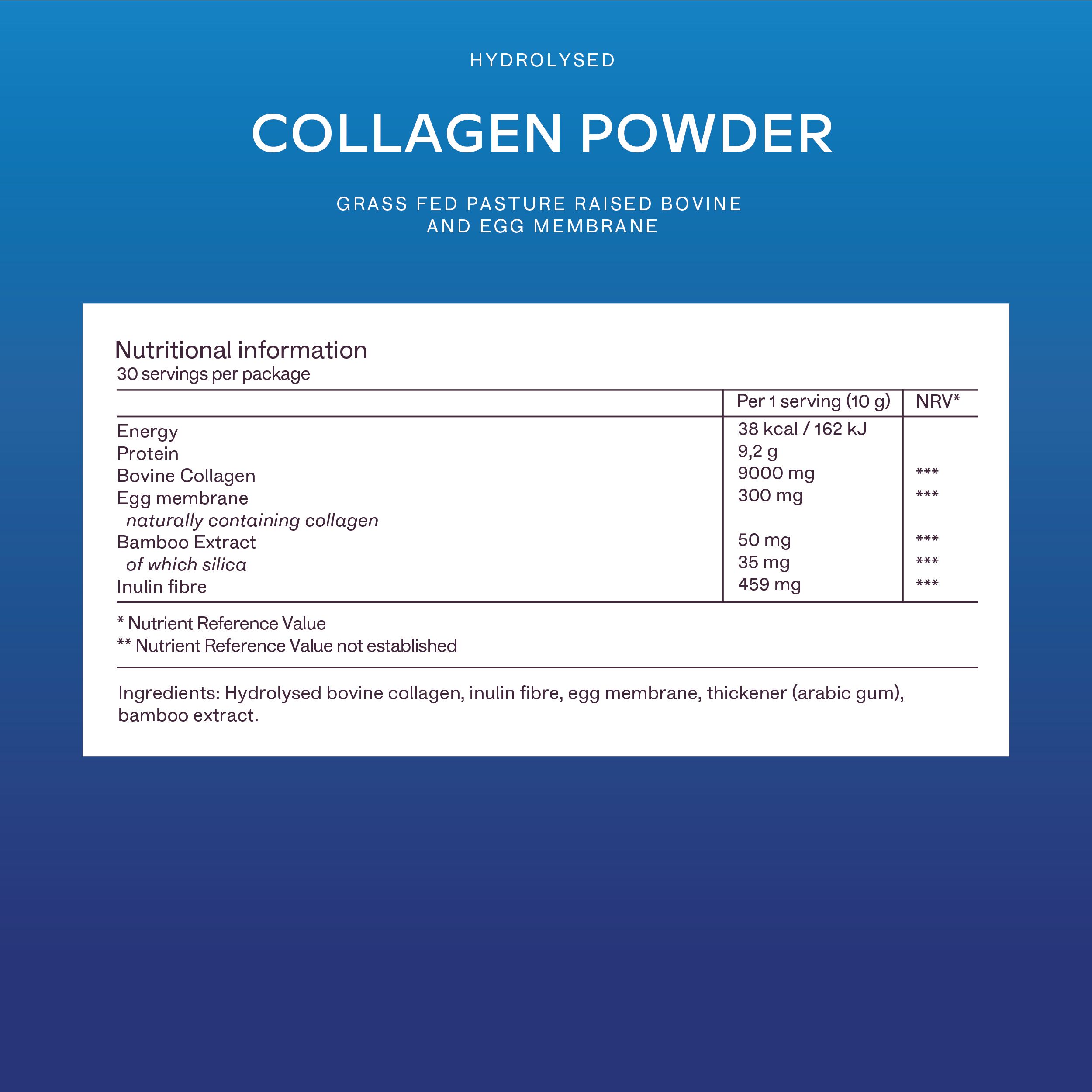Tabella nutrizionale per la polvere di collagene. Contiene informazioni su energia, proteine, collagene, ecc.