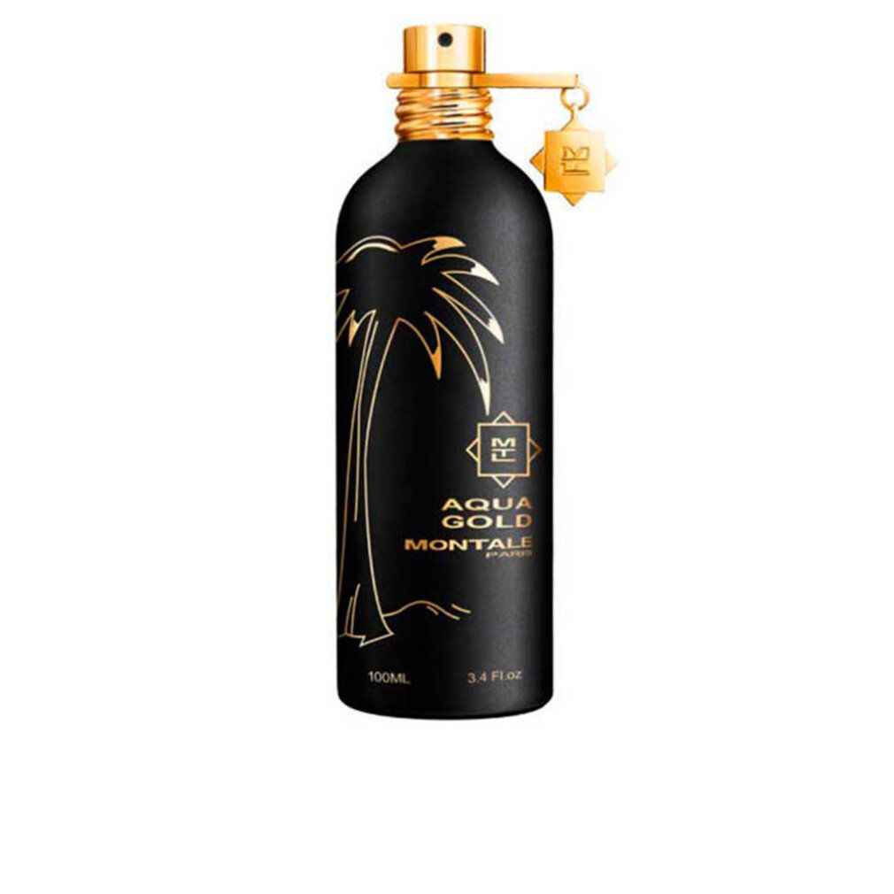 Flacone di profumo nero con scritta dorata. Scritta: Montale Aqua Gold Eau de Parfum. Erogatore e ciondolo dorati.