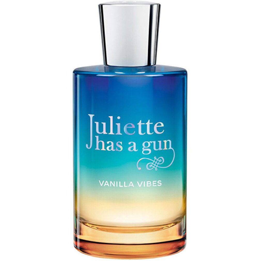 Flacone di profumo sfumato blu-giallo, tappo argentato. Scritta: Juliette has a gun Vanilla Vibes.