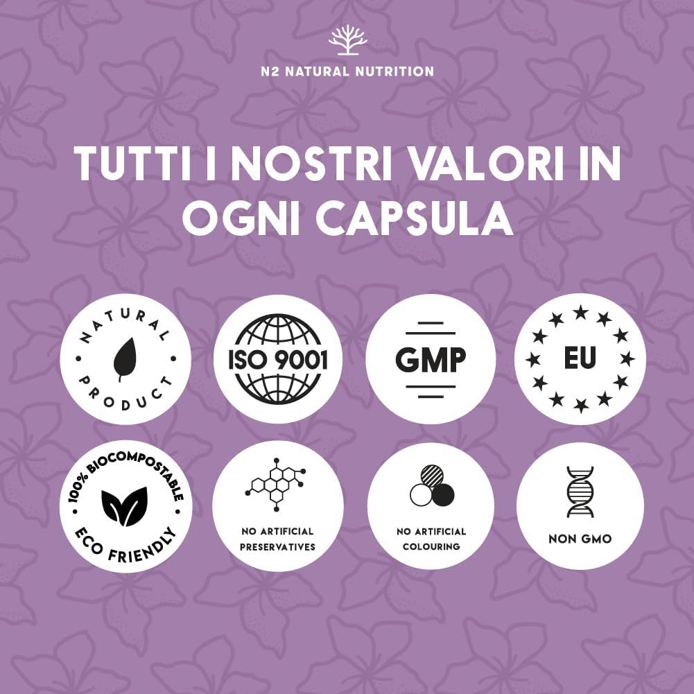 Sette marchi di qualità: Natural Product, ISO 9001, GMP, EU, 100% Biocompostabile, Senza conservanti artificiali, Senza coloranti, Non OGM.