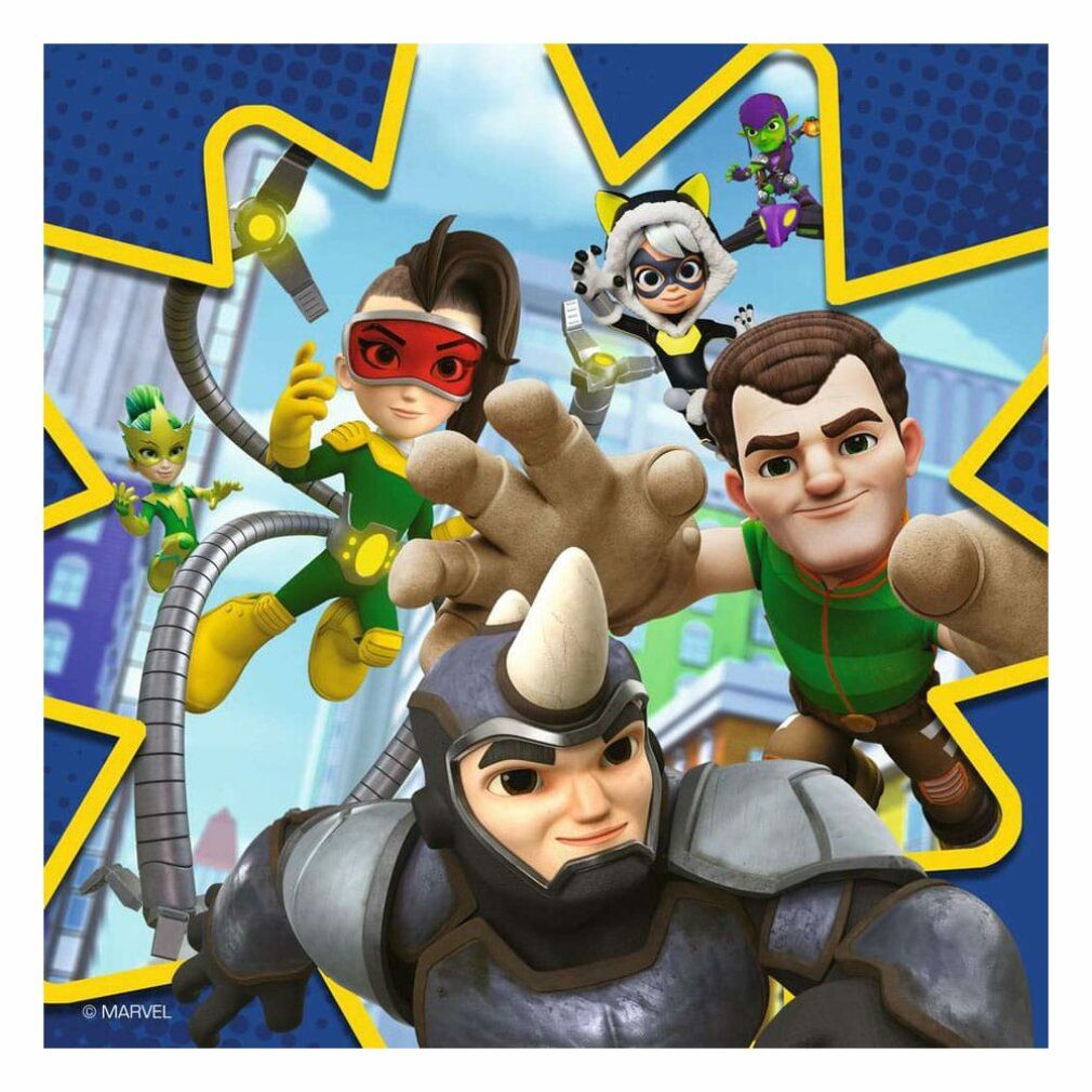 Motivo puzzle con vari personaggi Marvel, tra cui Rhino e Doc Ock, ambientato in una città.