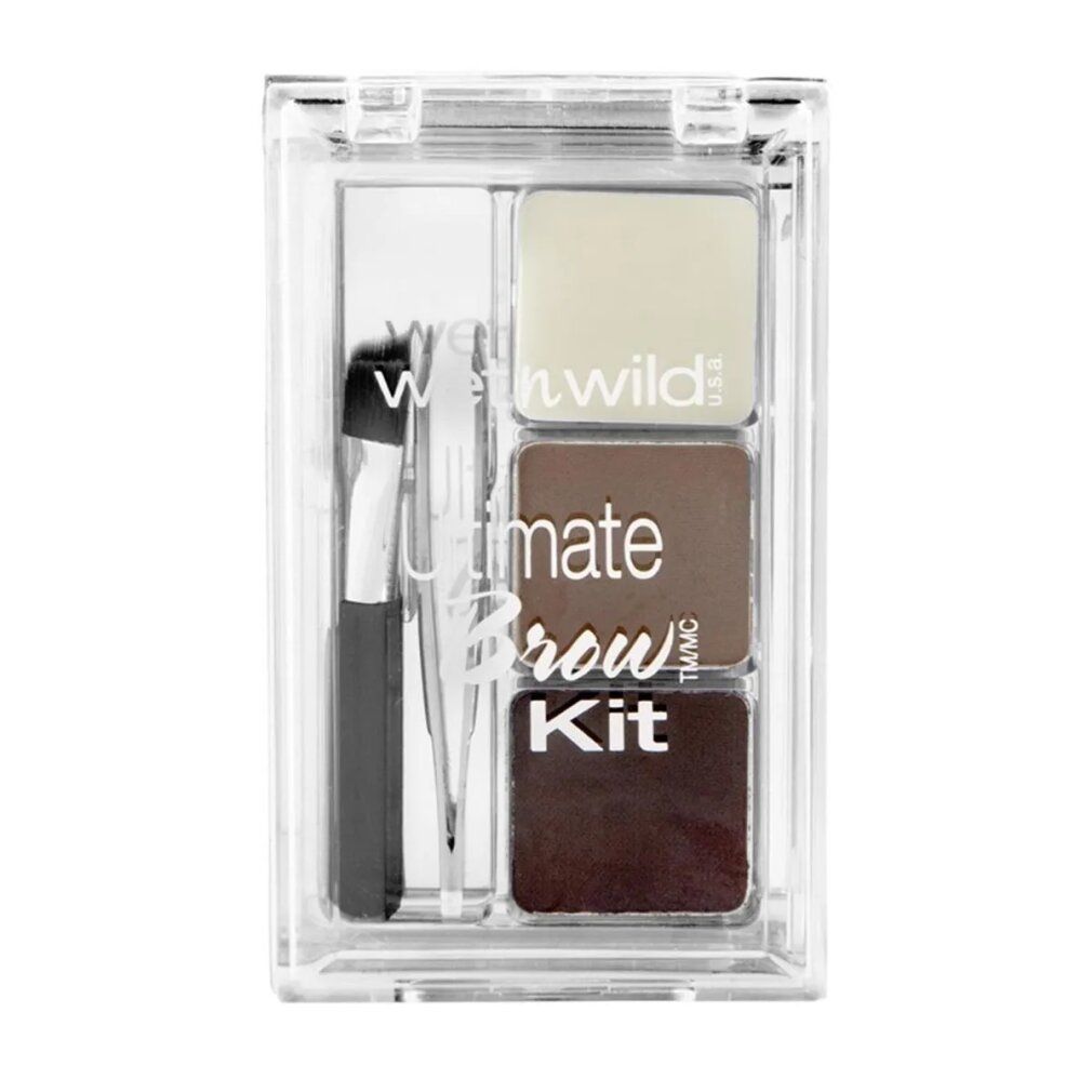 Contenitore in plastica trasparente con kit sopracciglia. Contiene polveri, pennello, pinzetta e specchio. Testo: "Wet n Wild Ultimate Brow Kit".