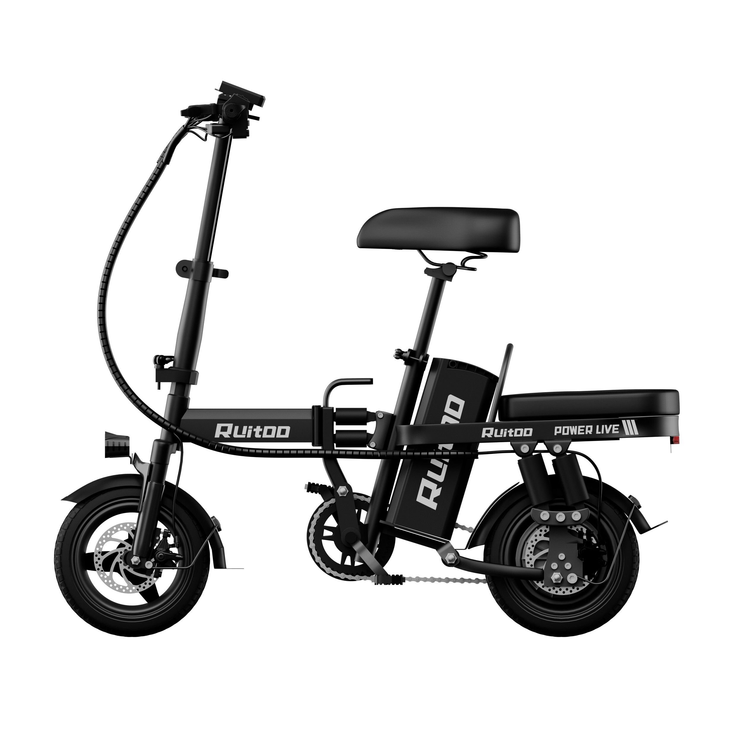 E-bike pieghevole nera, vista laterale. Ruote, sella, batteria, manubrio visibili. Marchio: Ruitoo.