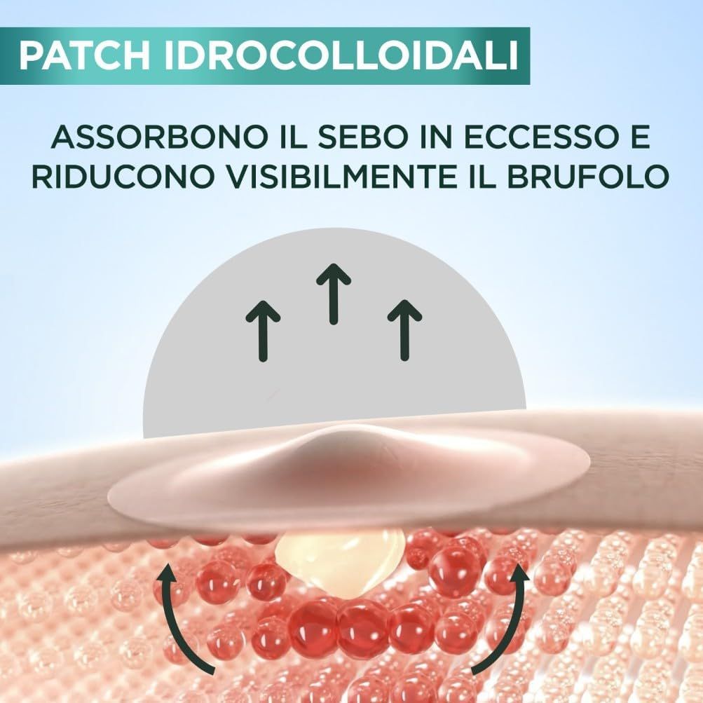 Primo piano di un cerotto idrocolloide. Frecce indicano l'assorbimento di liquido.