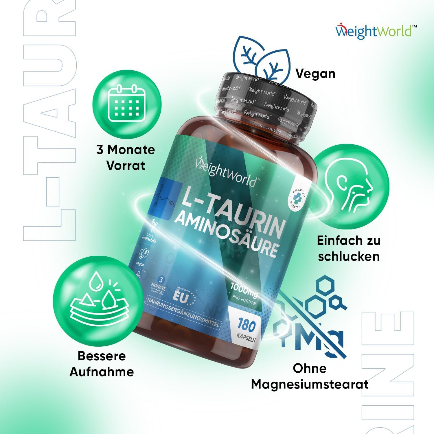 Flacone marrone con tappo nero. Etichetta L-Taurina Aminosäure, 1000mg, 180 capsule. Logo WeightWorld. Illustrazioni.