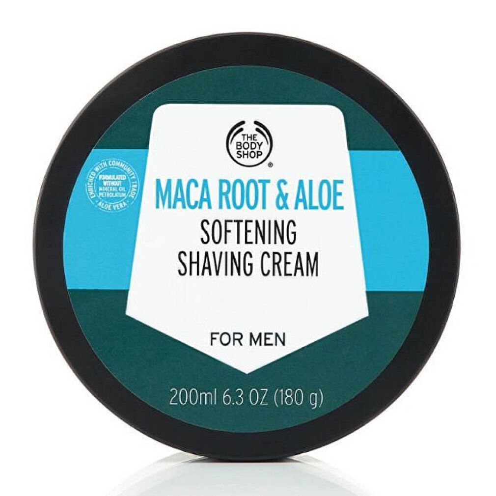 Vista dall'alto di un coperchio nero con scritta: Maca Root & Aloe, Softening Shaving Cream, For Men. Marchio: The Body Shop. 200 ml.