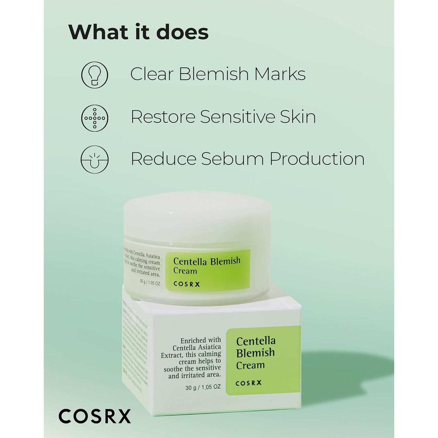Confezione e vasetto del prodotto. Scritta: Centella Blemish Cream, COSRX. Etichetta verde e bianca. Testo: 30 g / 1,05 OZ. Confezione bianca.