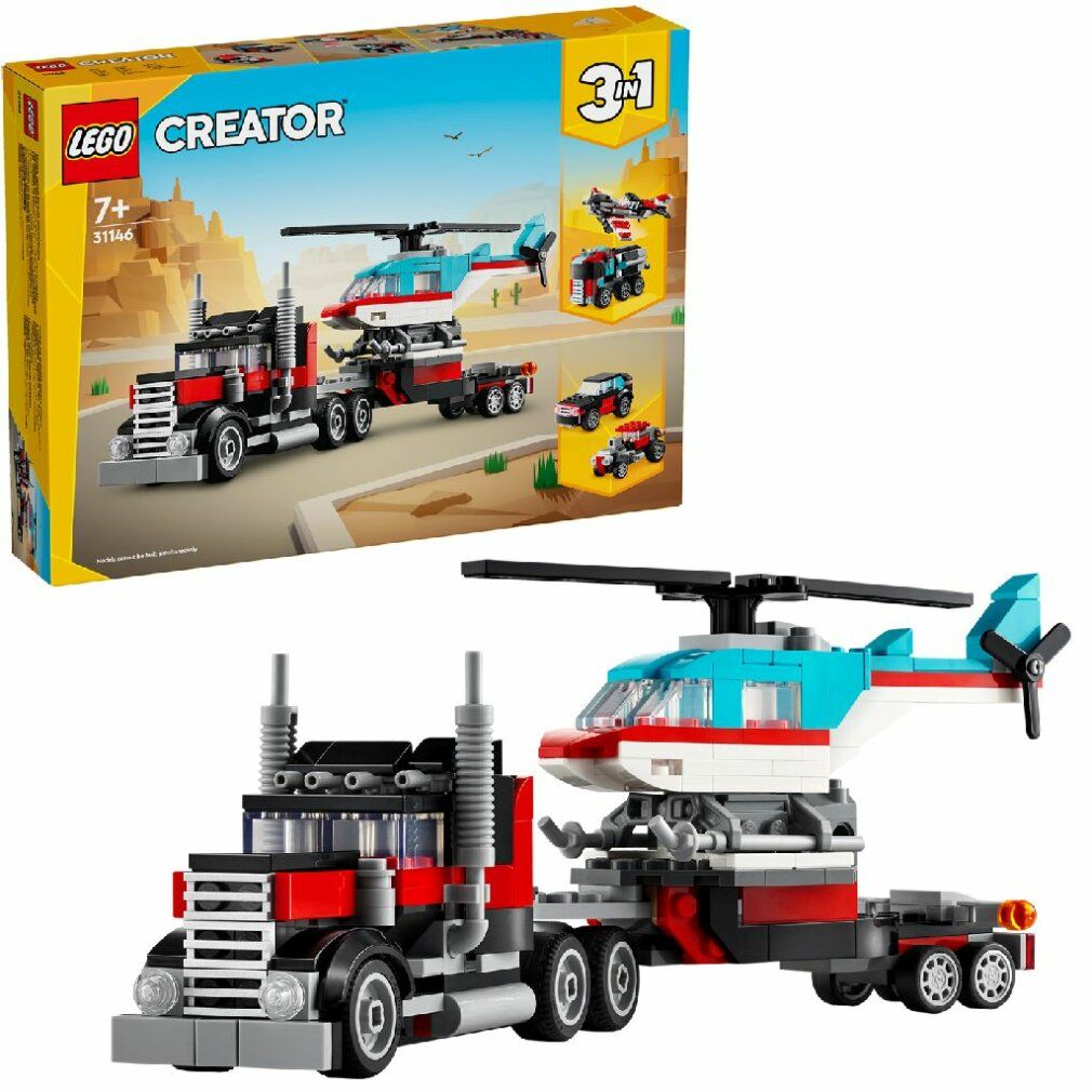 LEGO Creator 3in1 Autocarro con Elicottero. Camion con rimorchio, con sopra un elicottero. Sulla confezione sono raffigurati altri modelli.